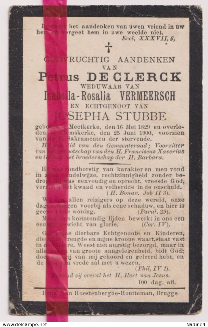 Devotie Doodsprentje Overlijden - Petrus De Clerck Wedn Vermeersch, Echtg J. Stubbe - Meetkerke 1829 - Klemskerke 1900 - Décès