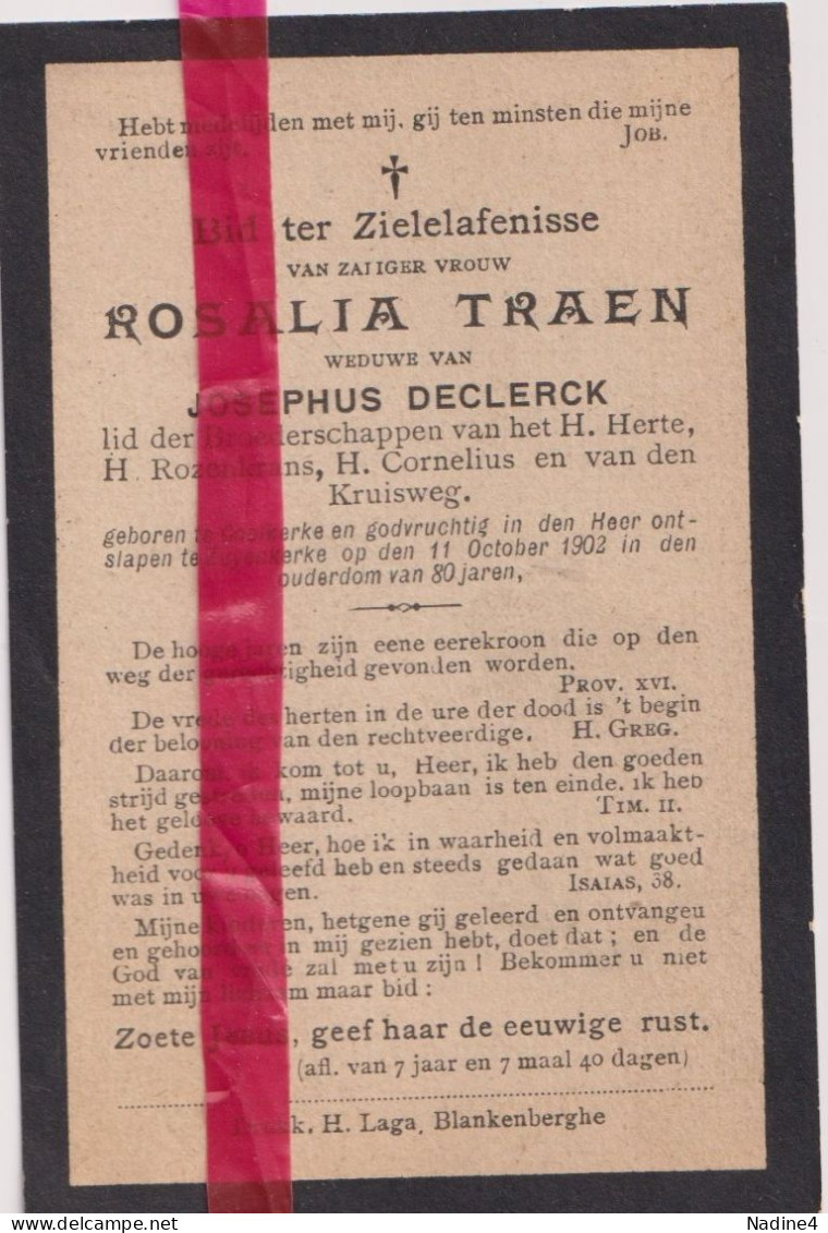 Devotie Doodsprentje Overlijden - Rosalie Traen Wed Joseph Declerck - Koolkerke 1822 - Zuienkerke 1902 - Décès