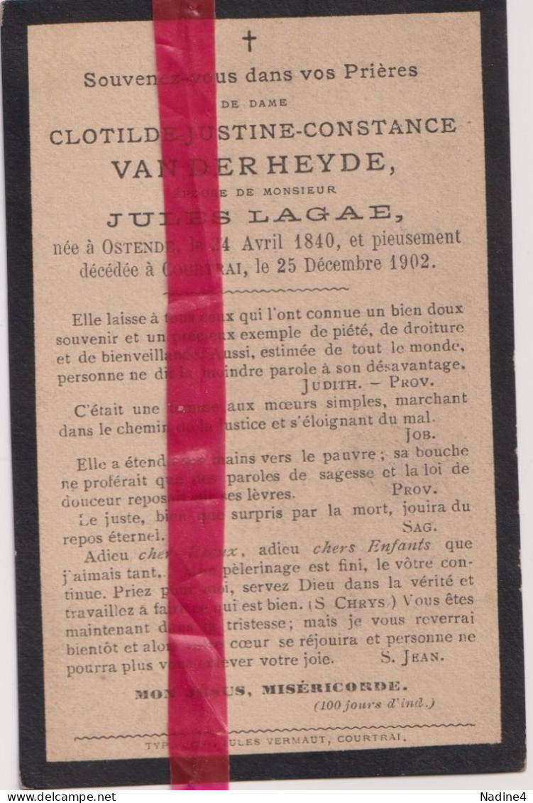 Devotie Doodsprentje Overlijden - Clothilde Van Der Heyde ép. Jules Lagae - Ostende Oostende 1840 - Courtrai Kortrijk 19 - Décès