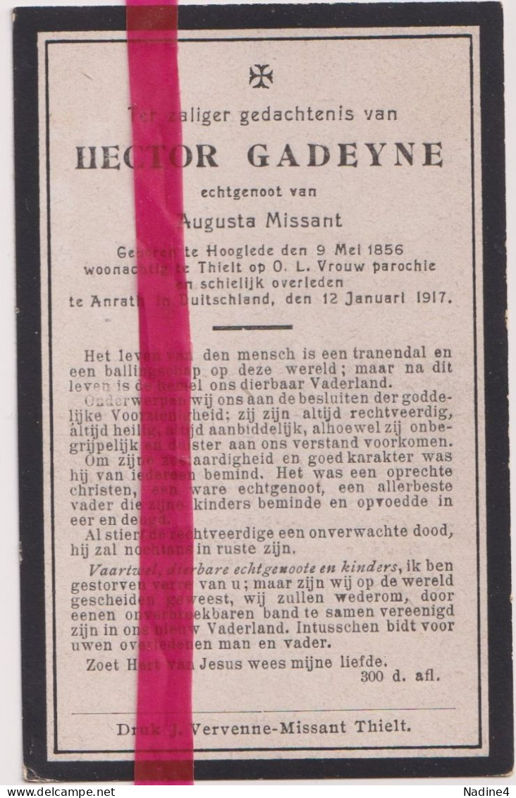 Devotie Doodsprentje Overlijden - Hector Gadeyne Echtg Augusta Missant - Hooglede 1856 - Tielt / Anrath Du. 1917 - Décès