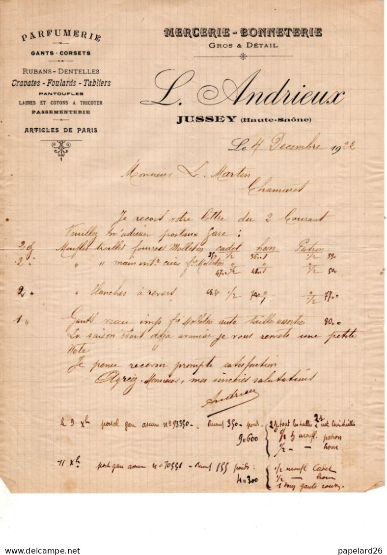 HAUTE SAONE JUSSEY  MERCERIE L ANDRIEUX ANNEE 1922 FORMAT A4 - Kleidung & Textil