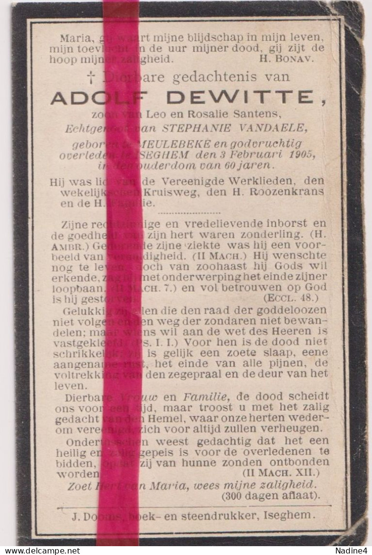 Devotie Doodsprentje Overlijden - Adolf Dewitte Echtg Stephanie Vandaele - Meulebeke 1845 - Izegem 1905 - Décès