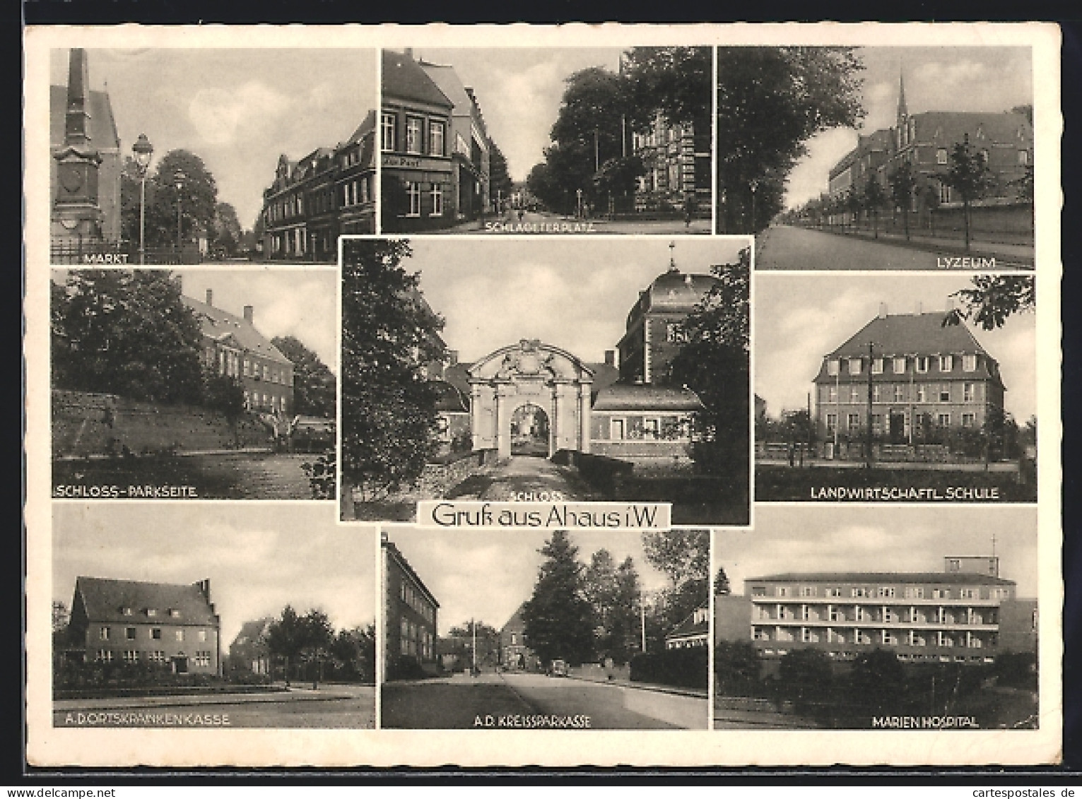 AK Ahaus I. W., Schloss, Markt, Schlageterplatz, Lyzeum, Marien-Hospital, Landwirtschaftliche Schule  - Ahaus