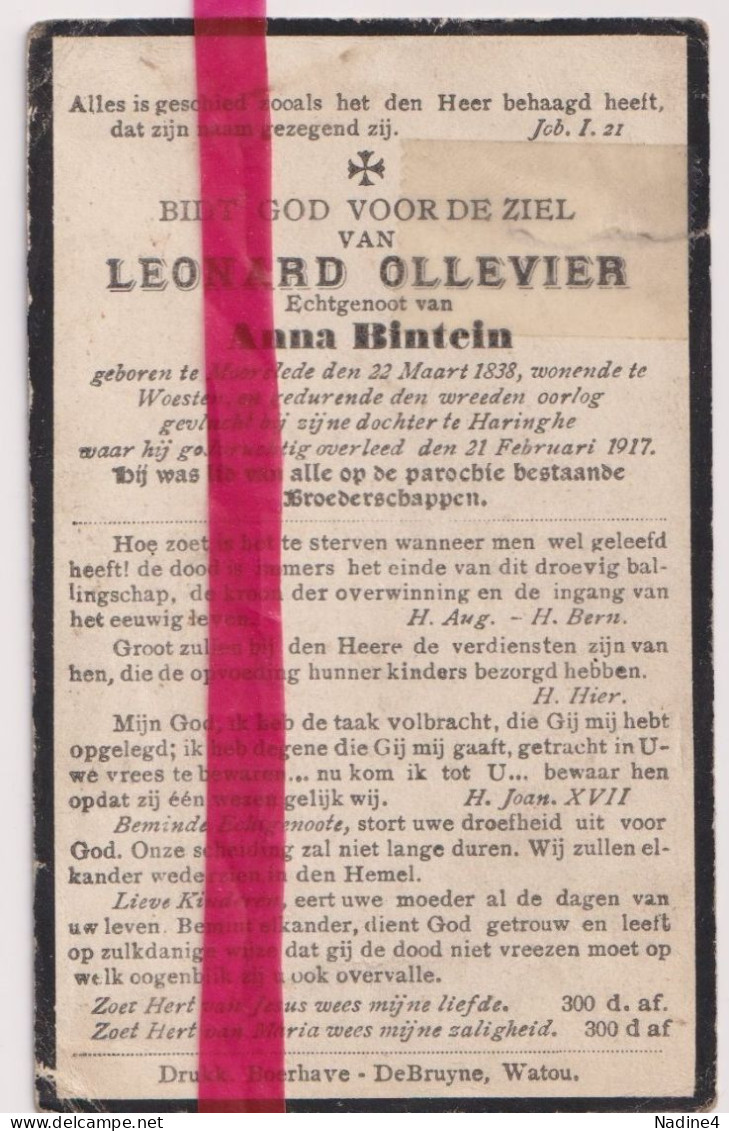 Devotie Doodsprentje Overlijden - Leonard Ollevier Echtg Anna Bintein - Moorslede 1838 - Woesten / Haringe 1917 - Décès