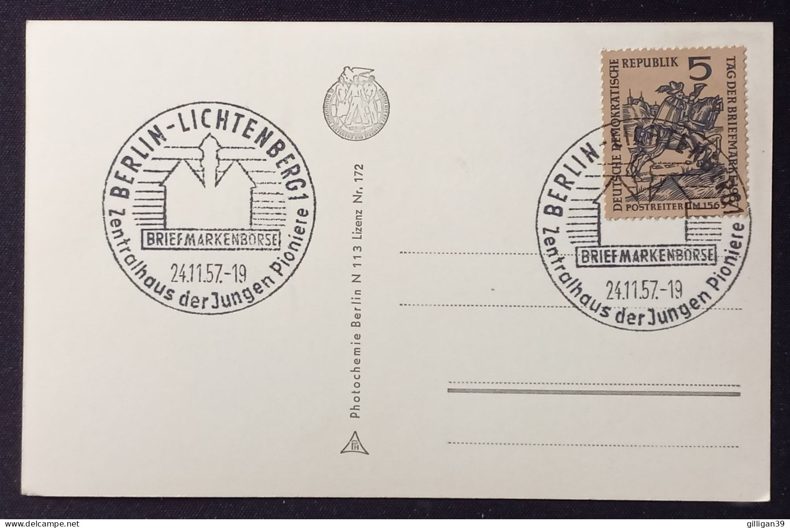 Berlin-Lichtenberg, Haus Der Jg. Pioniere, Theater Der Freundschaft - Rückseite Sonderstempel Briefmarkenbörse 4.11.1957 - Andere & Zonder Classificatie