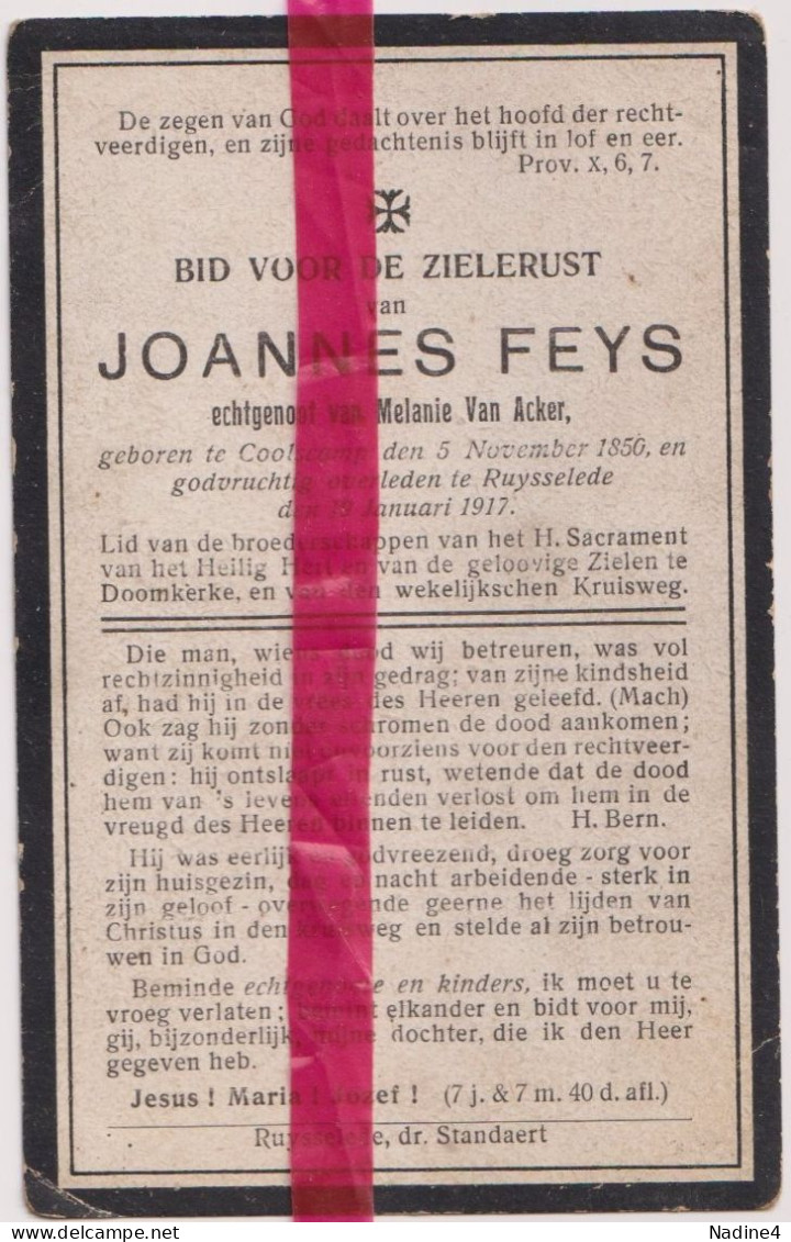 Devotie Doodsprentje Overlijden - Joannes Feys Echtg Melanie Van Acker - Koolskamp 1850 - Ruiselede 1917 - Décès