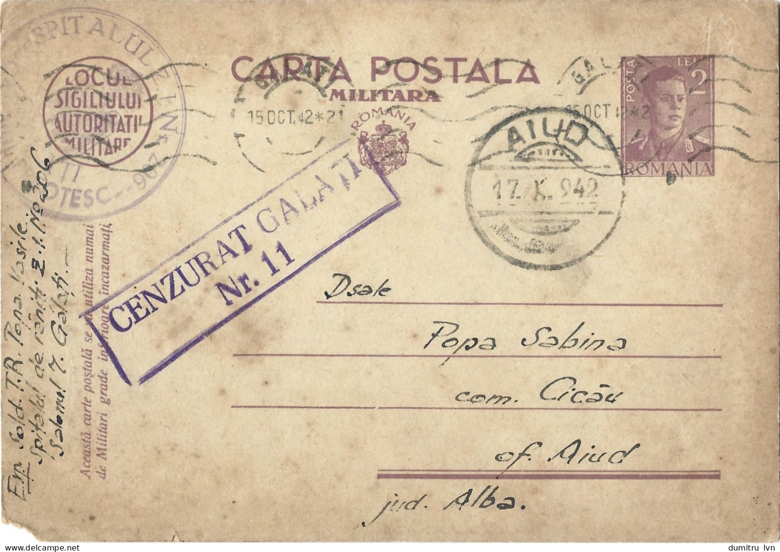 ROMANIA 1942 MILITARY POSTCARD, CENSORED GALATI NR.11, GALATI ''CĂMINUL PREOȚESC'' STAMP, WOUNDED HOSPITAL Z. I. No. 206 - 2. Weltkrieg (Briefe)