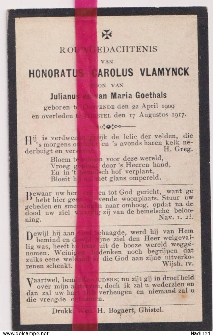 Devotie Doodsprentje Overlijden - Honoratius Vlamynck Zoon Julianus & Maria Goethals - Oostende 1909 - Gistel 1917 - Décès