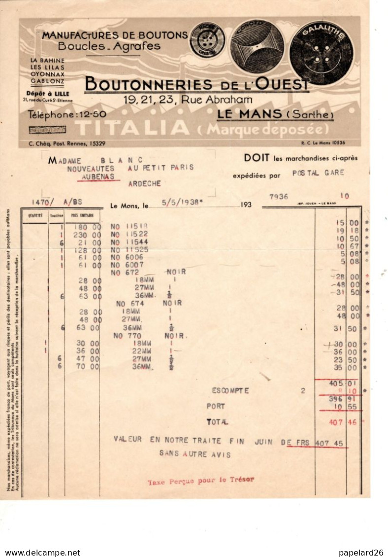 SARTHE LE MANS  BOUTONNERIES DE L'OUEST  ANNEE 1938 FORMAT A4 - Kleidung & Textil