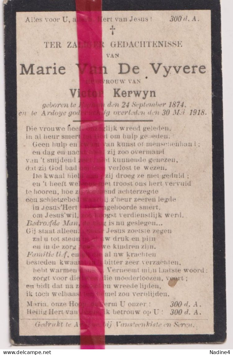 Devotie Doodsprentje Overlijden - Marie Van De Vyvere Vrouw Victor Kerwyn - Egem 1874 - Ardooie 1918 - Décès