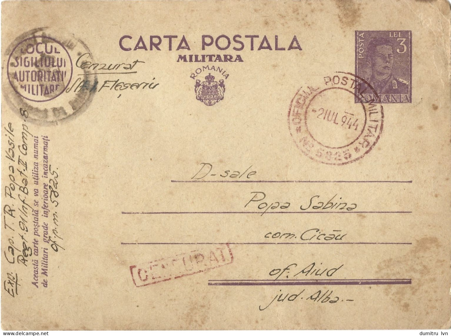 ROMANIA 1944 MILITARY POSTCARD, MILITARY CENSORED, OPM 5825, POSTCARD STATIONERY - 2de Wereldoorlog (Brieven)