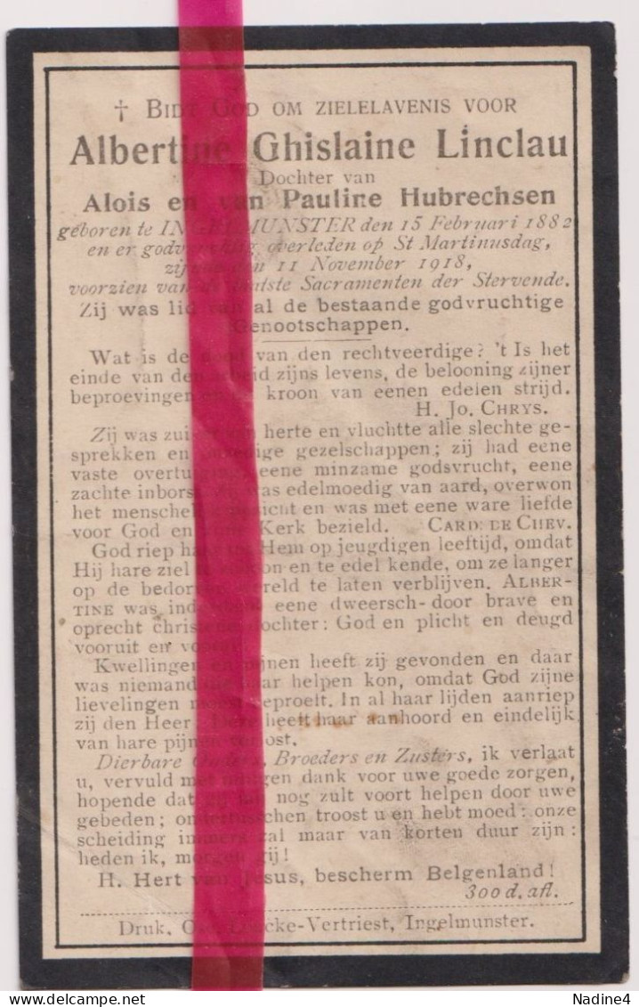 Devotie Doodsprentje Overlijden - Albertine Linclau Dochter Alois & Pauline Hubrechsen - Ingelmunster 1882 - 1918 - Décès