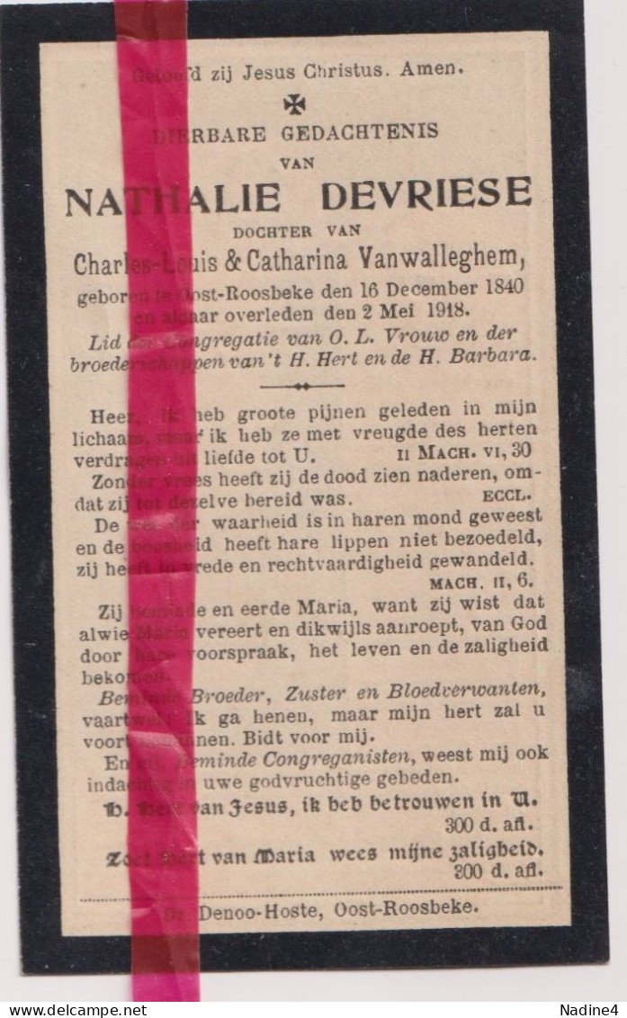 Devotie Doodsprentje Overlijden - Nathalie Devriese Dochter Charles & Catharina Vanwalleghem - Oostrozebeke 1840 - 1918 - Obituary Notices