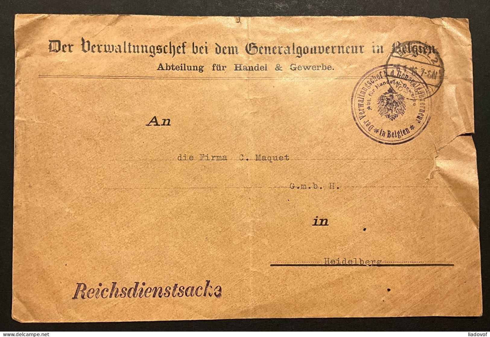 Lettre "Reichsdienstsache" 1916 - Generalgouverneur In Belgien - Altri & Non Classificati