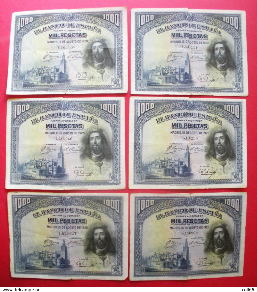 1928 Lot De 6 Billetes 1000 Mil Pesetas éditeur El Banco De Espana Madrid Dos Scanné Bon état - 1000 Pesetas