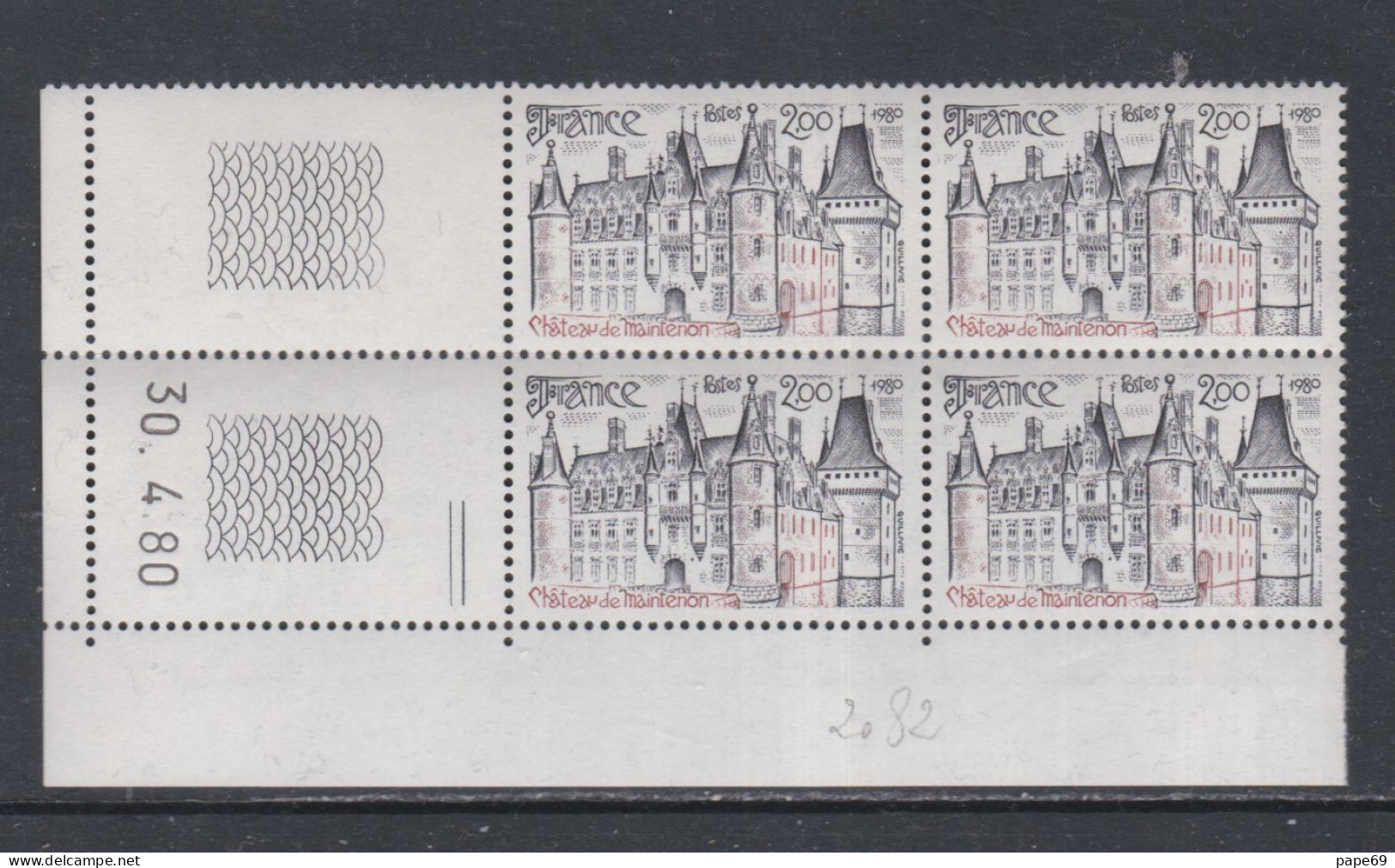 France N° 2082 XX  Château De Maintenon En Bloc De 4 Coin Daté Du 30 . 4 . 80 ; 2 Traits ; Gomme Légèrement Altérée,  TB - 1970-1979