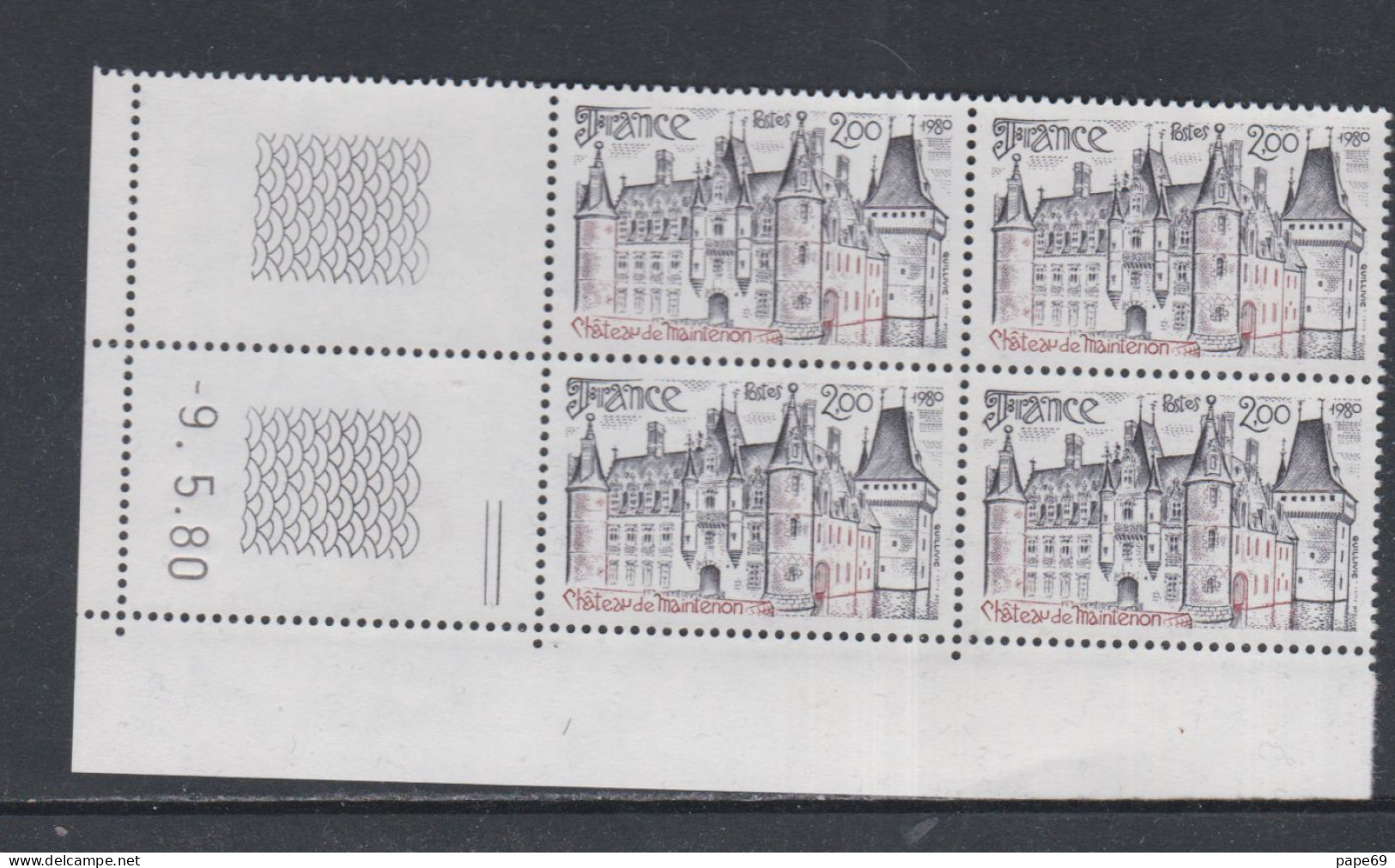 France N° 2082 XX  Château De Maintenon En Bloc De 4 Coin Daté Du 9 . 5 . 80 ; 2 Traits ; Sans Charnière, TB - 1970-1979