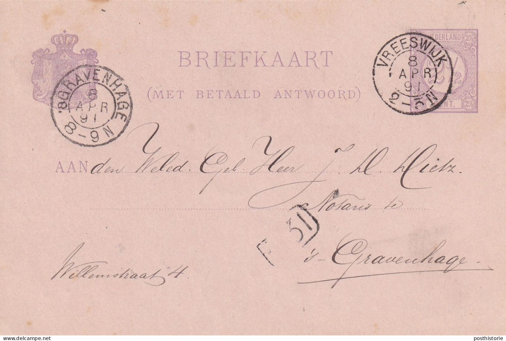 Briefkaart Met Betaald Antwoord 8 Apr 1891 Vreeswijk (kleinrond) Naar 's Gravenhage (kleinrond) - Marcophilie
