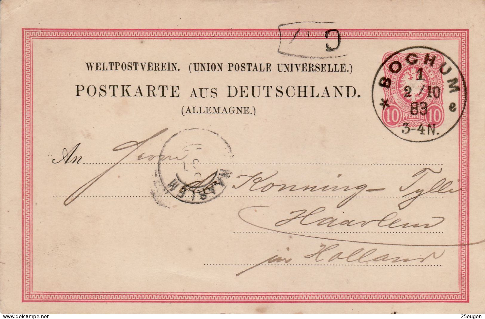 GERMANY EMPIRE 1883 POSTCARD  MiNr P 8 II / 02 SENT FROM BOCHUM TO HAARLEM - Briefkaarten