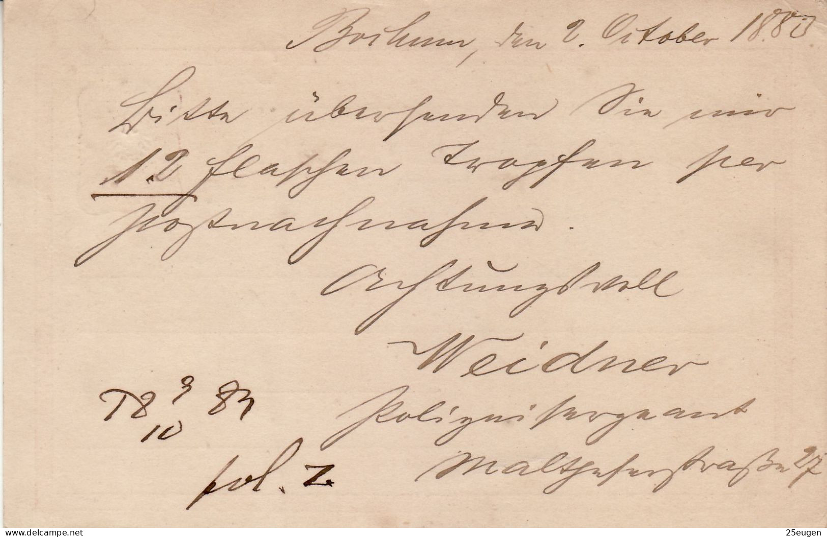 GERMANY EMPIRE 1883 POSTCARD  MiNr P 8 II / 02 SENT FROM BOCHUM TO HAARLEM - Briefkaarten