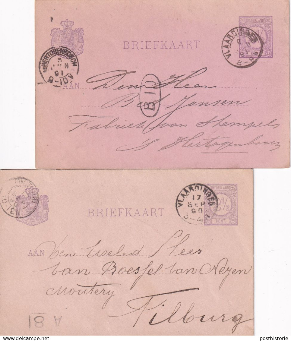 2 Briefkaarten 1891 En 1890 Vlaardingen (kleinrond) Naar Haarlem (kleinrond) Naar Tilburg 's Hertogenbosch - Marcophilie