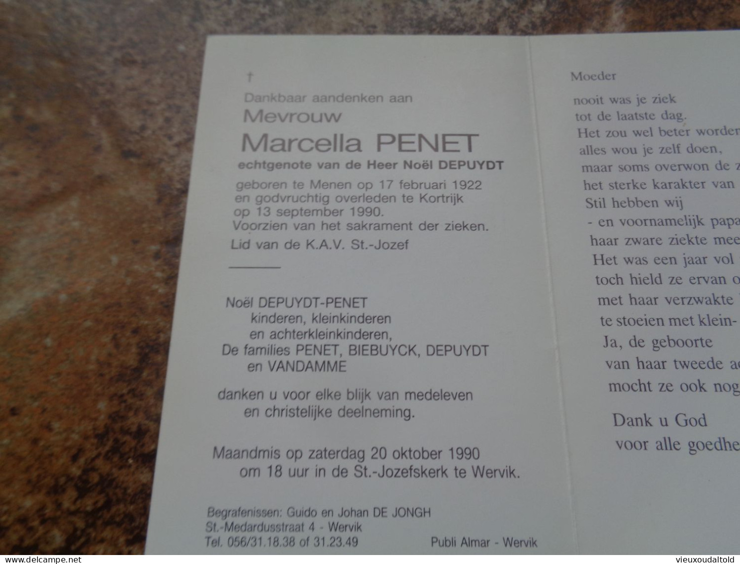 Doodsprentje/Bidprentje   Marcella PENET  Menen 1922-1990 Kortrijk (Echtg N. Depuydt) - Autres & Non Classés