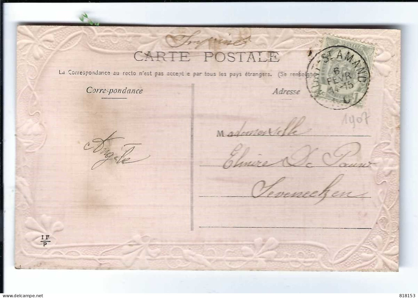 Sint-Amandsberg UNE PENSEE  DE Mont-St-Amand  1907 (handgemaakt) - Gent