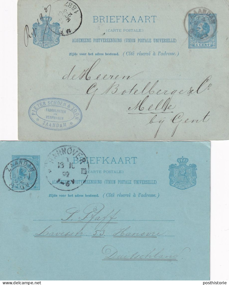 2 Briefkaarten 1887 En 1892 Zaandam (kleinrond) Naar Belgie En Duitsland - Marcophilie