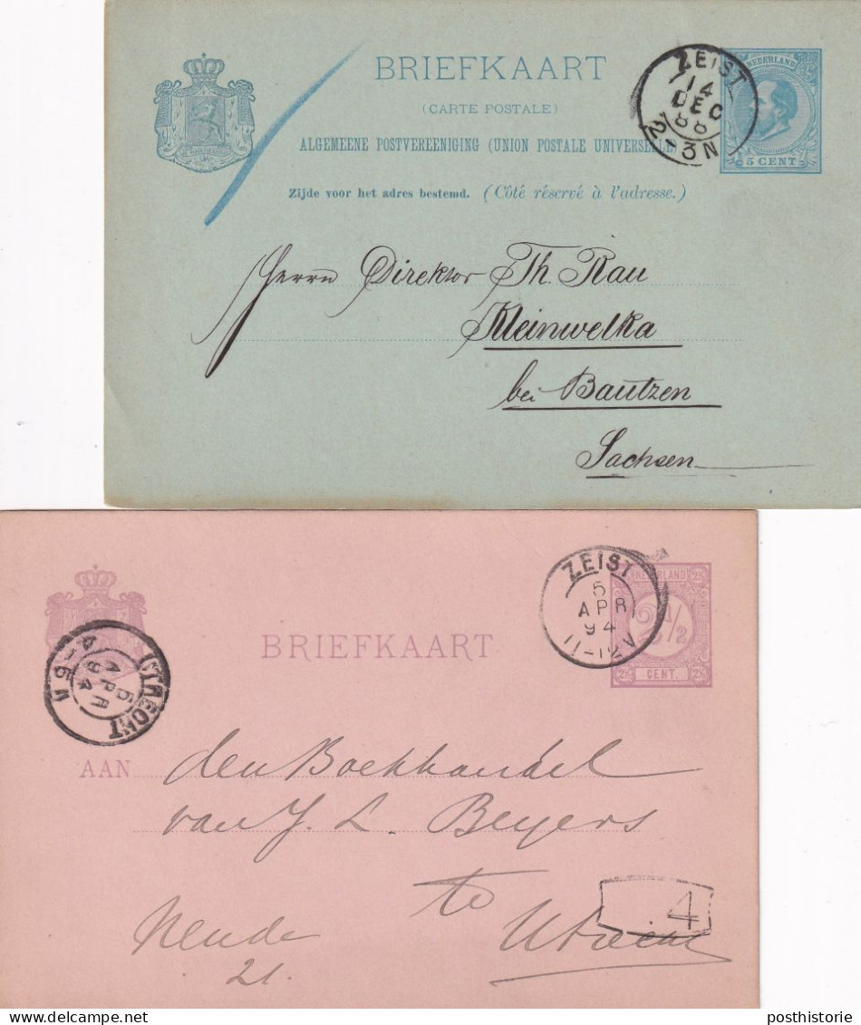 2 Briefkaarten 1888 En 1894 Zeist (kleinrond) Naar Utrecht En Duitsland - Poststempel