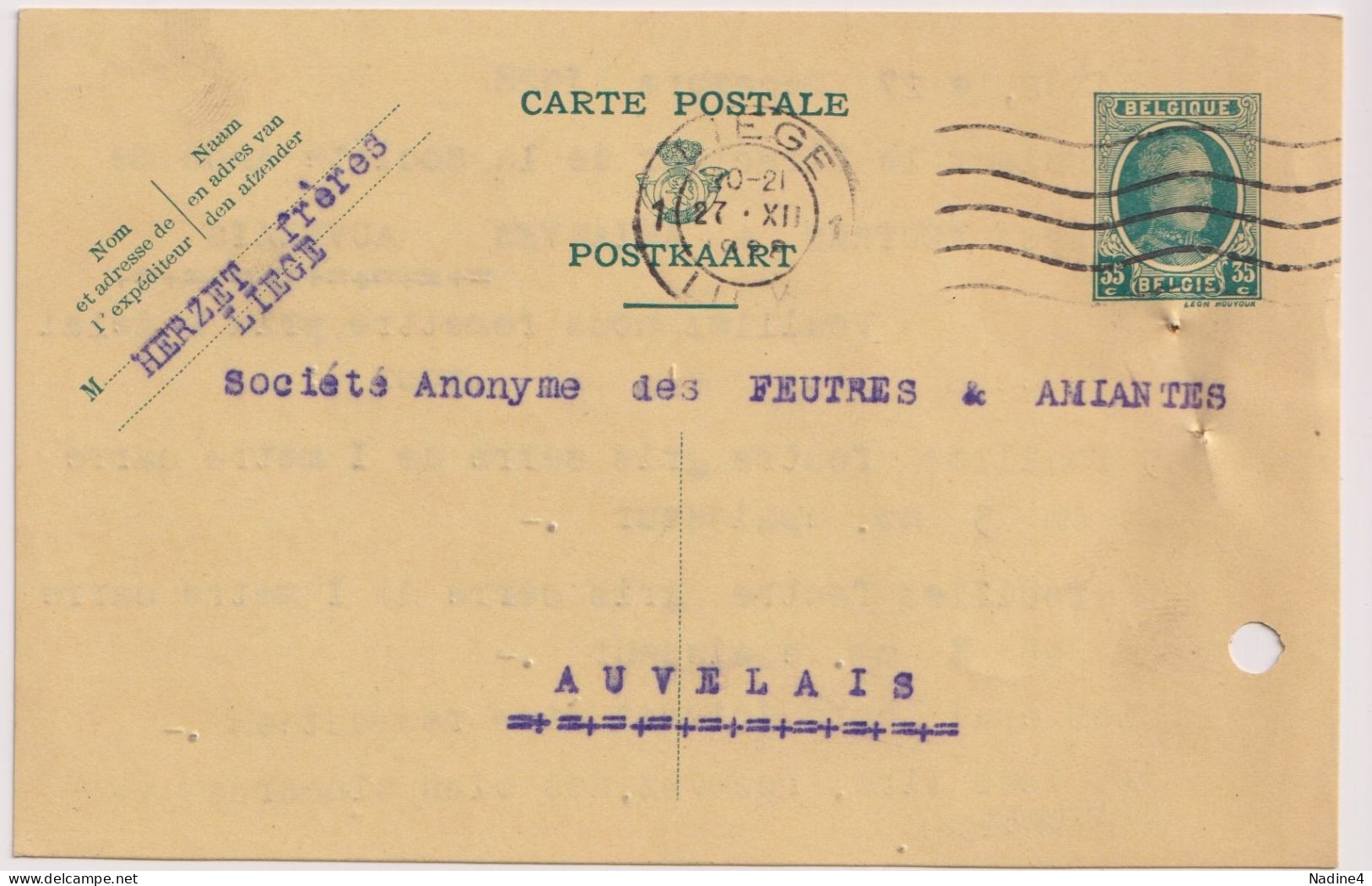 Briefkaart Carte Postale - Herzet Frères Liège à Auvelais - 1928 - Postcards 1909-1934