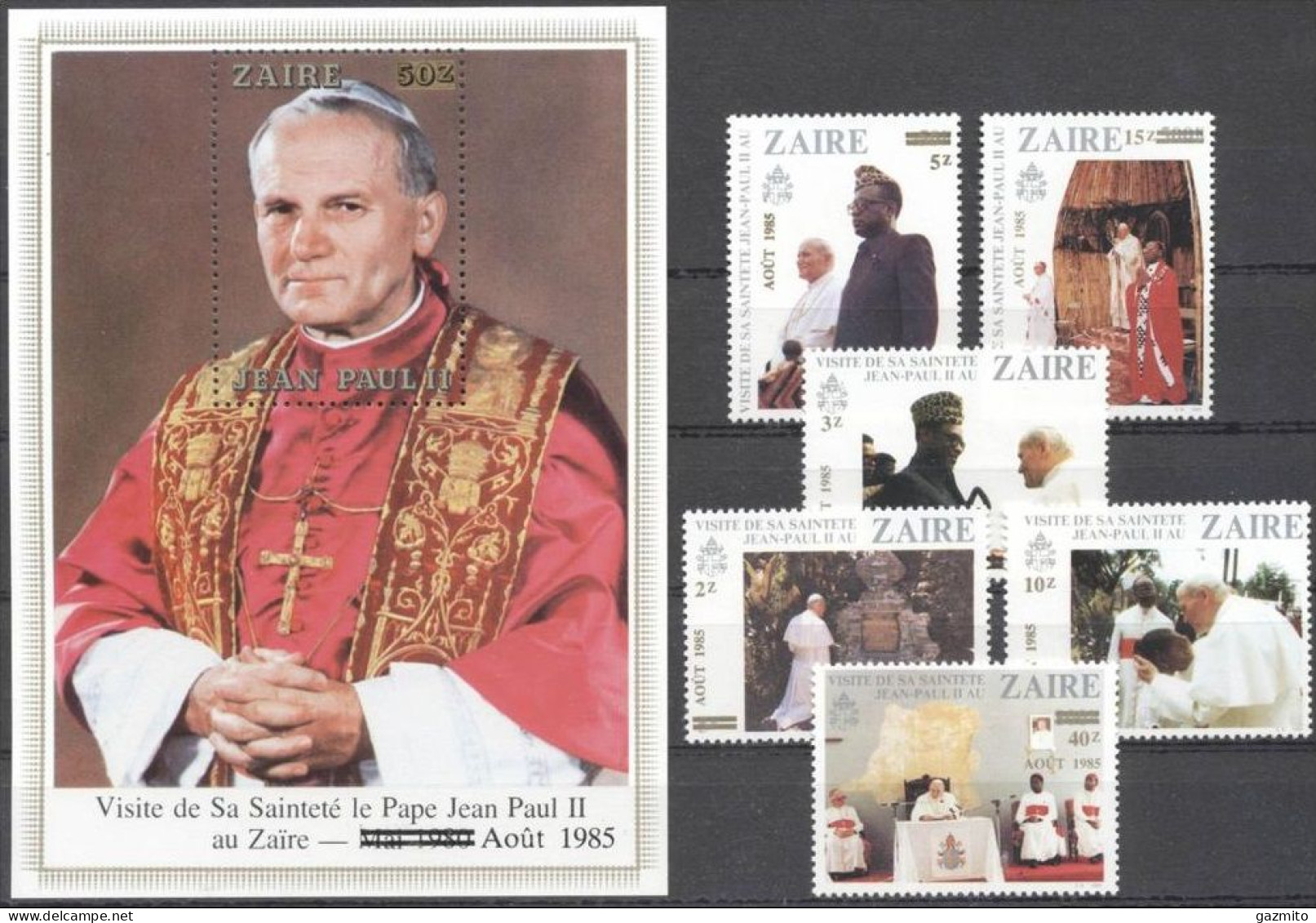 Zaire 1985, Visit Pope J. Paul II, 6val+BF - Ungebraucht