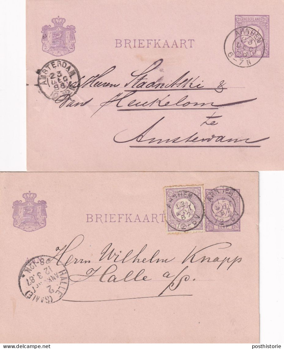 2 Briefkaarten 1886 En 1887 Arnhem (kleinrond) Naar Amsterdam En Halle (|duitsland) - Poststempels/ Marcofilie