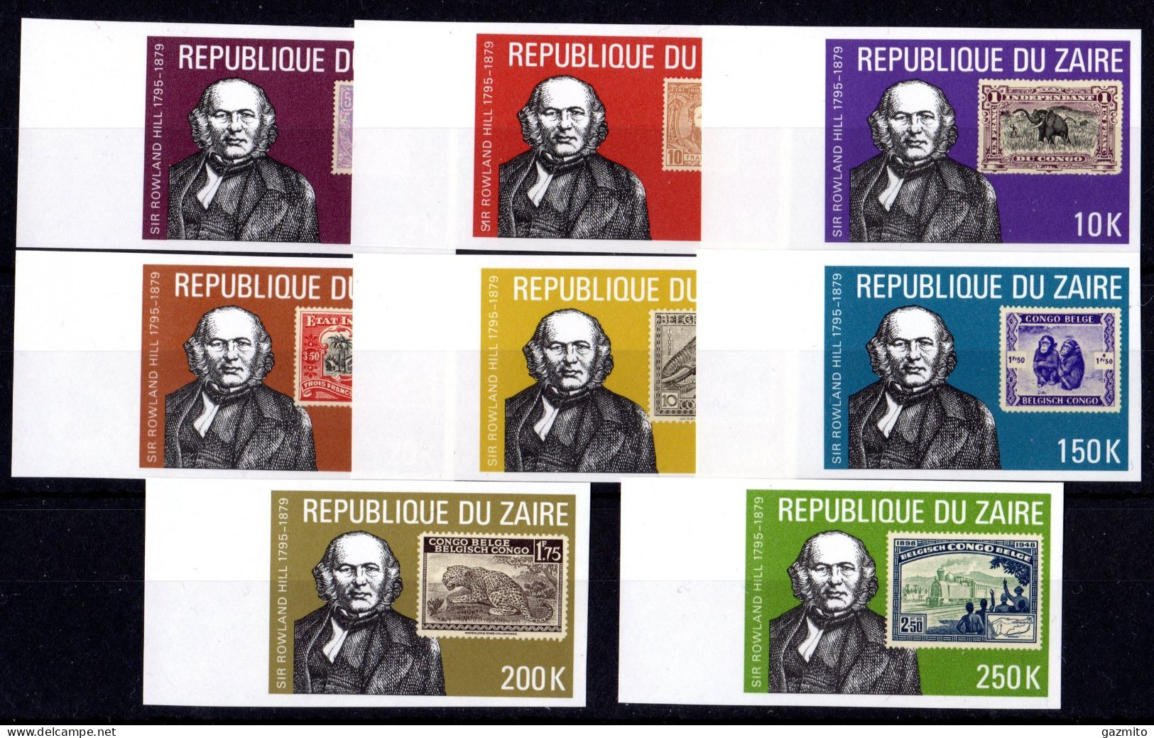 Zaire 1980, Rowland Hill, Stamp On Stamp, Wild Cat, Monkey, Elephant, 8val IMPERFORATED - Félins
