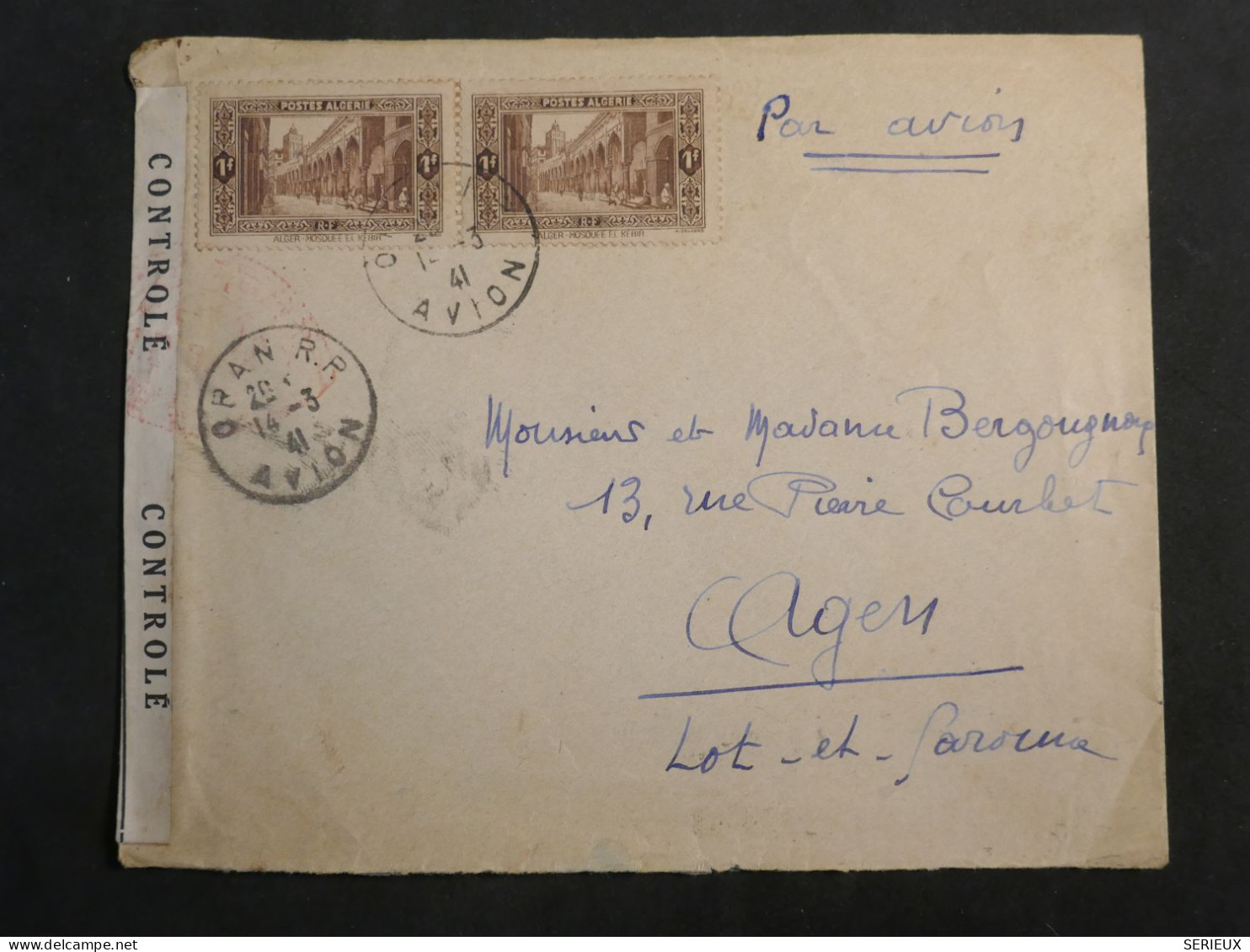 DL0  ALGERIE BELLE LETTRE CENSUREE 1941  ORAN A ALGER + +AFF.  INTERESSANT+ + - Covers & Documents