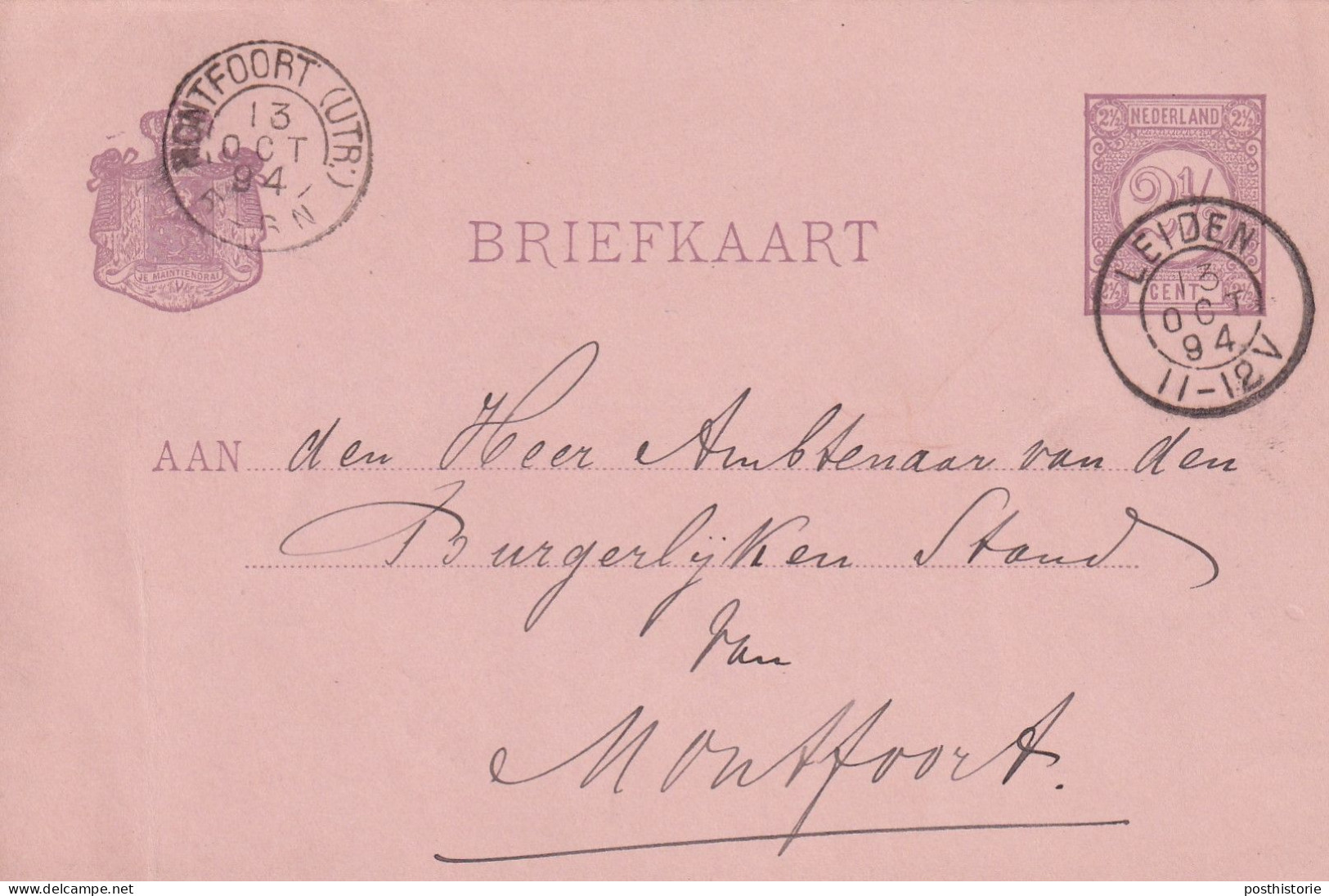 Briefkaart 13 Okt 1894 Leiden (kleinrond) Naar Montfoort (utr:) (kleinrond) - Poststempel