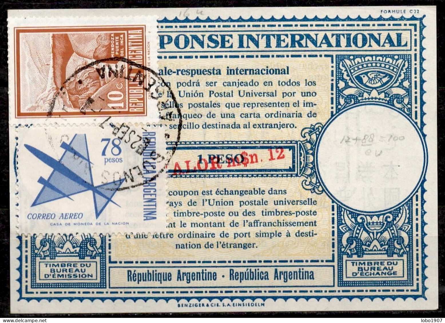 ARGENTINE ARGENTINA Lo16u  M$.12 / 1 PESO + Stamps 88 Pesos International Reply Coupon Reponse Antwortschein IRC IAS - Ganzsachen