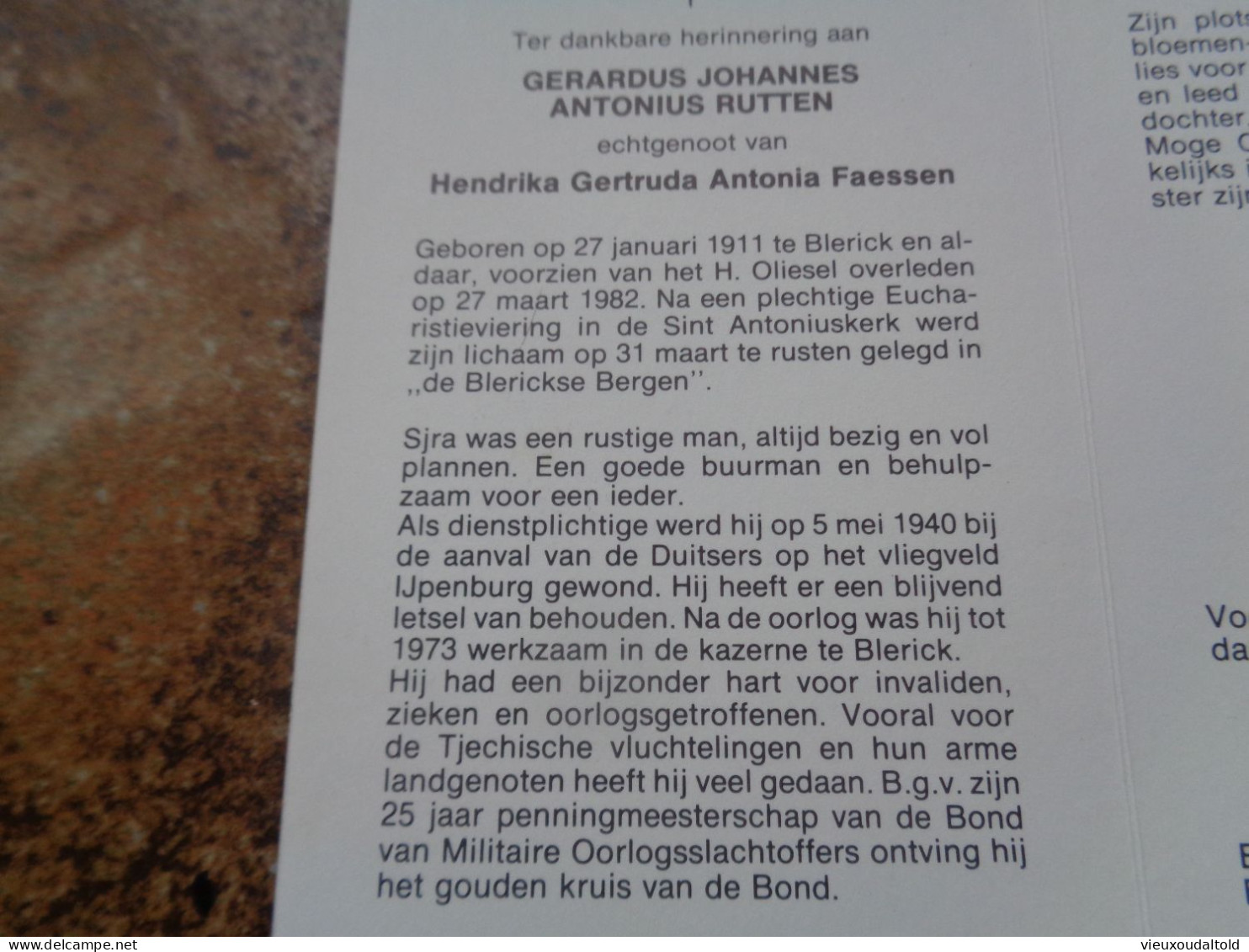 Doodsprentje/Bidprentje  GERARDUS JOHANNES ANTONIUS RUTTEN   Blerick 1911-1982  (Echtg Hendrika Gertruda A. Faessen) - Autres & Non Classés