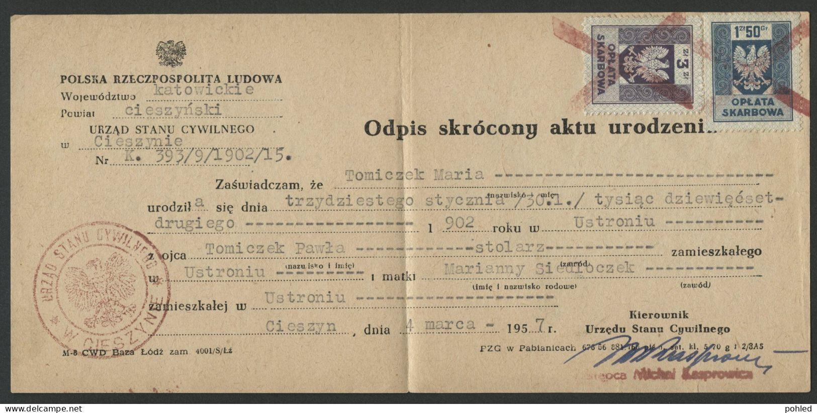 01325*POLAND*POLSKA*TWO REVENUE STAMPS ON DOCUMENT*CIESZYN*1957 - Fiscale Zegels