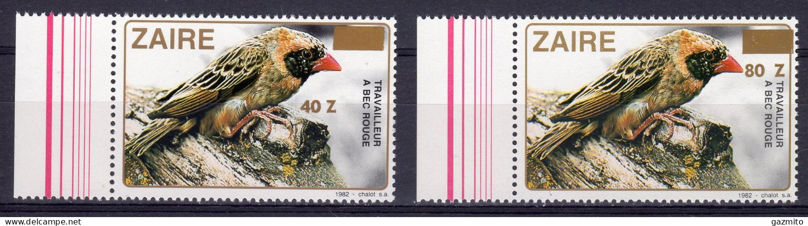 Zaire 1990, Birds, Overp. GOLD, 2val - Unused Stamps