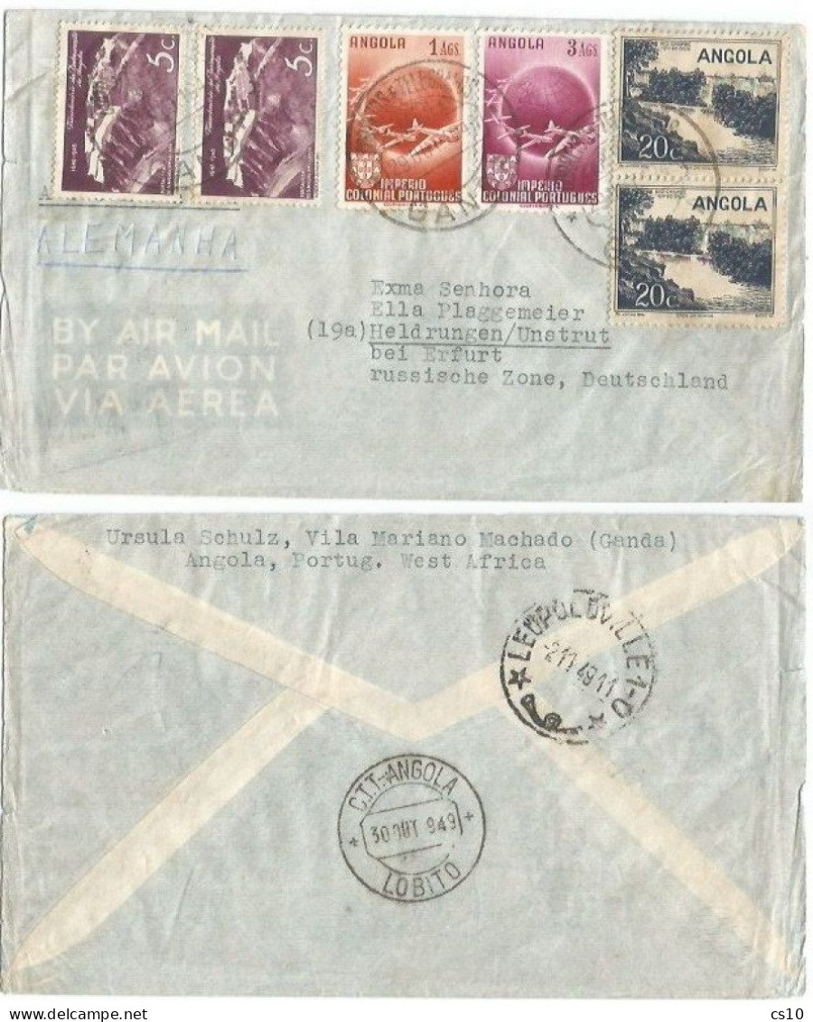 Angola Airmail CV Ganda 29aug1949 With 6pcs Rate 4S50 Via Lobito 30aug Via Leopoldville 2nov Erfurt Germany Russian Zone - Angola