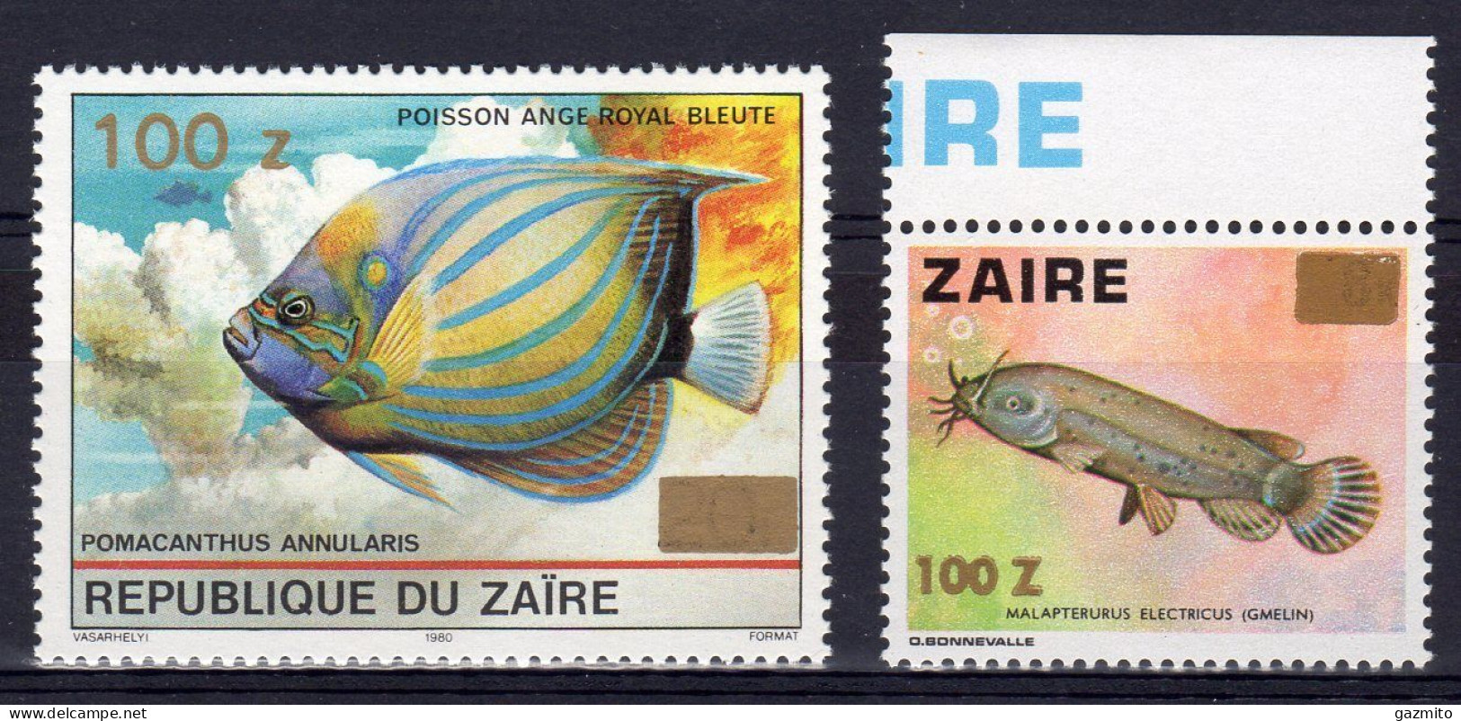 Zaire 1990, Fishes, Overp. Gold, 2val - Nuovi