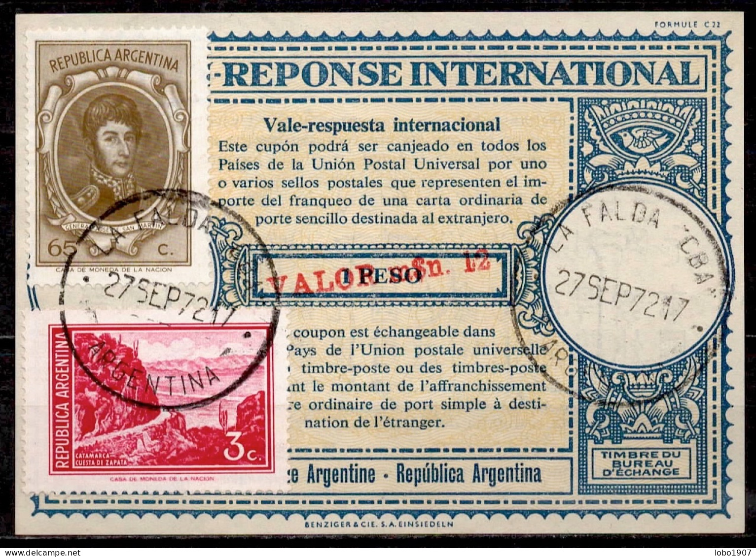 ARGENTINE ARGENTINA Lo16u  M$.12 / 1 PESO + Stamps 88 Pesos International Reply Coupon Reponse Antwortschein IRC IAS - Entiers Postaux