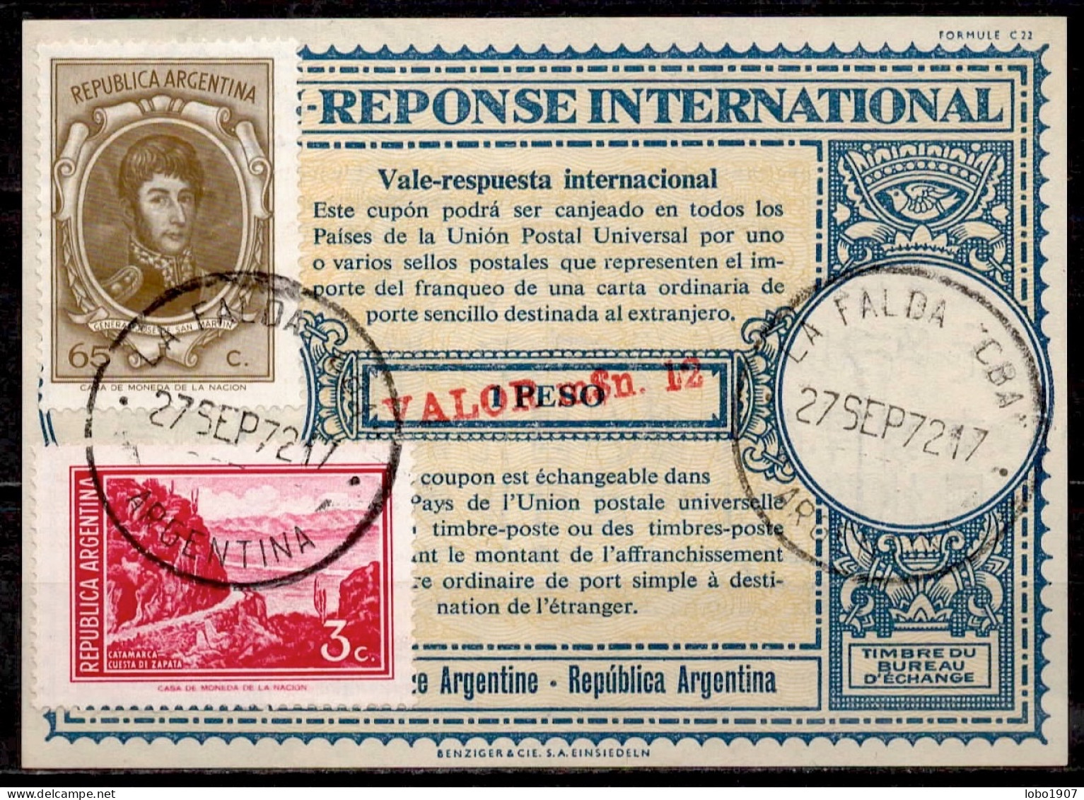 ARGENTINE ARGENTINA Lo16u  M$.12 / 1 PESO + Stamps 88 Pesos International Reply Coupon Reponse Antwortschein IRC IAS - Postwaardestukken