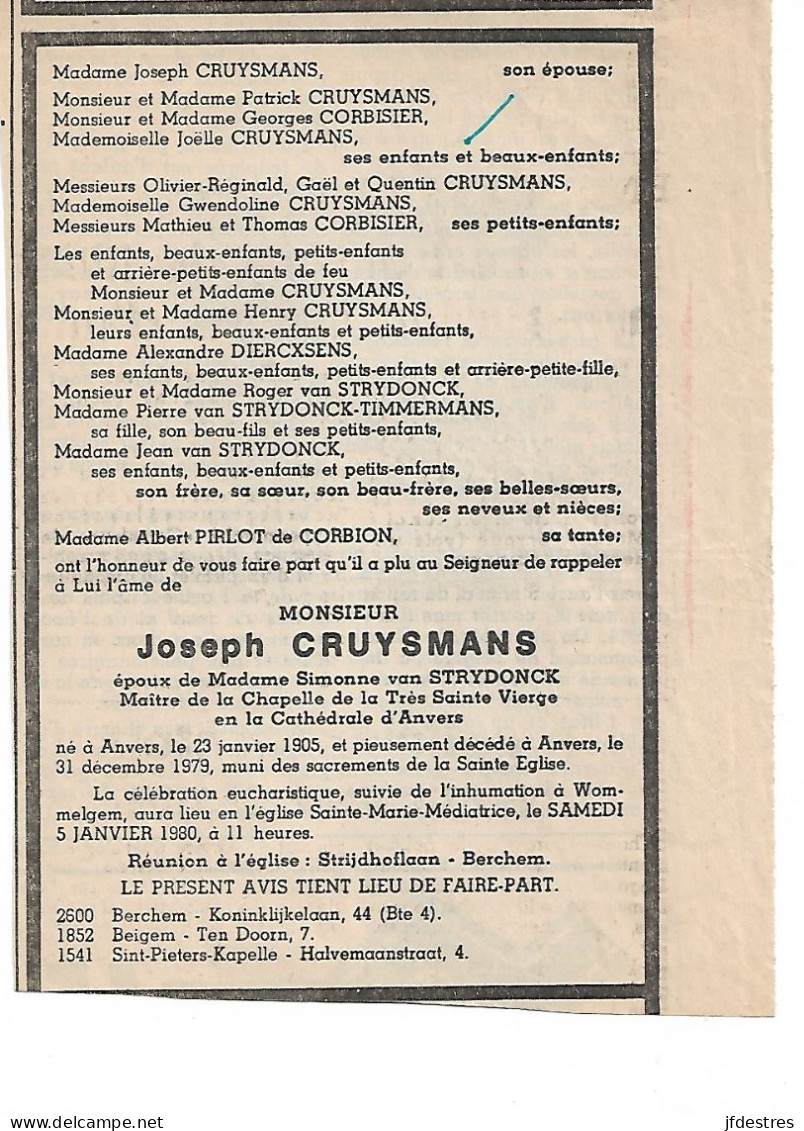 Nécrologie Joseph Cruysmans époux Simonne Van Strydonck. Anvers 1979 - Décès