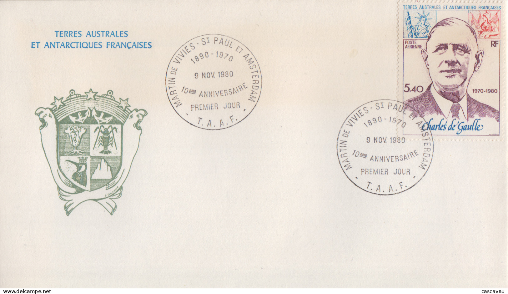 Enveloppe   FDC   1er  Jour   T.A.A.F   10éme   Anniversaire   Mort   Du   Général   DE  GAULLE   1980 - FDC