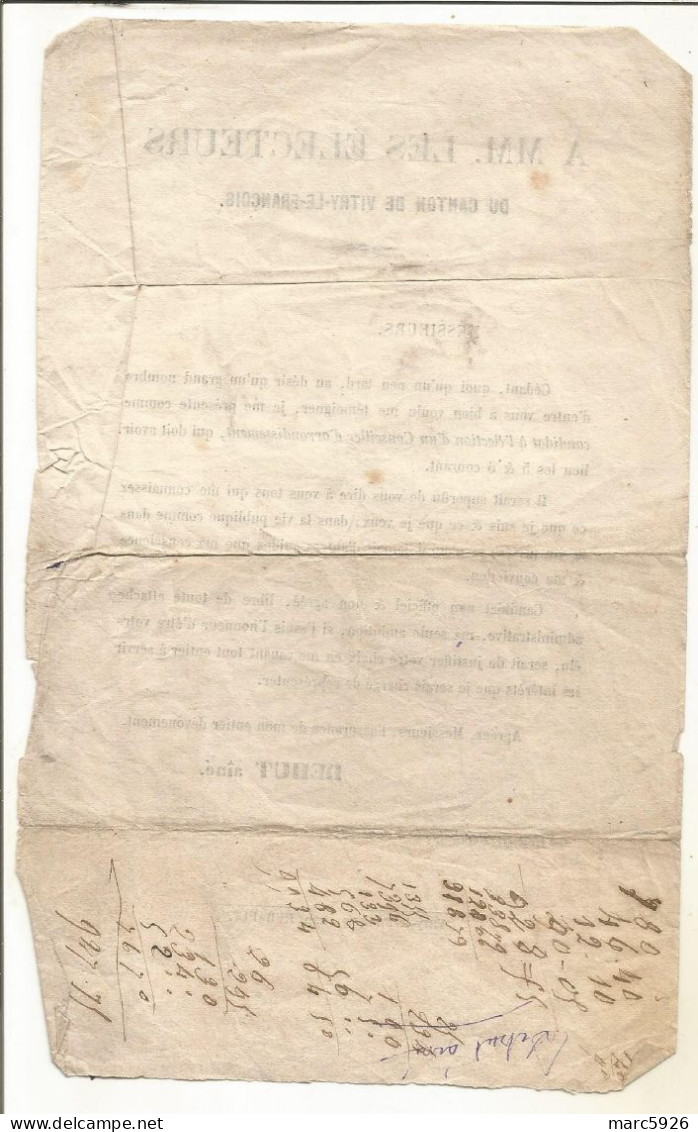 N°1720 ANCIENNE LETTRE DE DEHUT AINE A M LES ELECTEURS DU CANTON DE VITRY LE FRANCOIS DATE 1865 - Documents Historiques