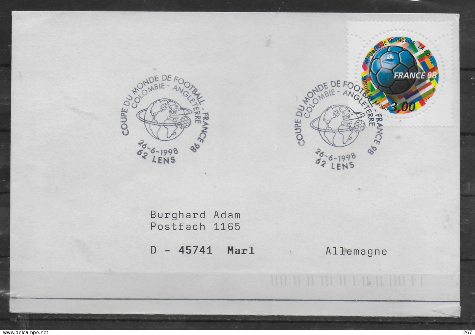 FRANCE  Lettre 1998 à  LENS Football  COLOMBIE - ANGLETERRE - 1998 – France