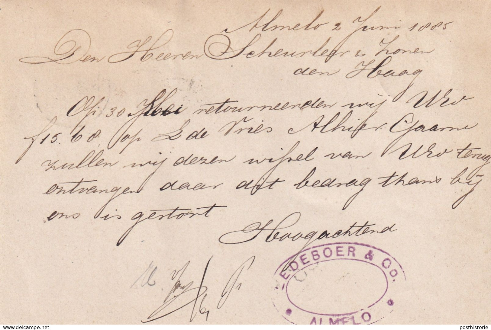 Briefkaart Met Firma Stempel 2 Jun 1885 Almelo (kleinrond) Naar 's Gravenhage (kleinrond) - Storia Postale