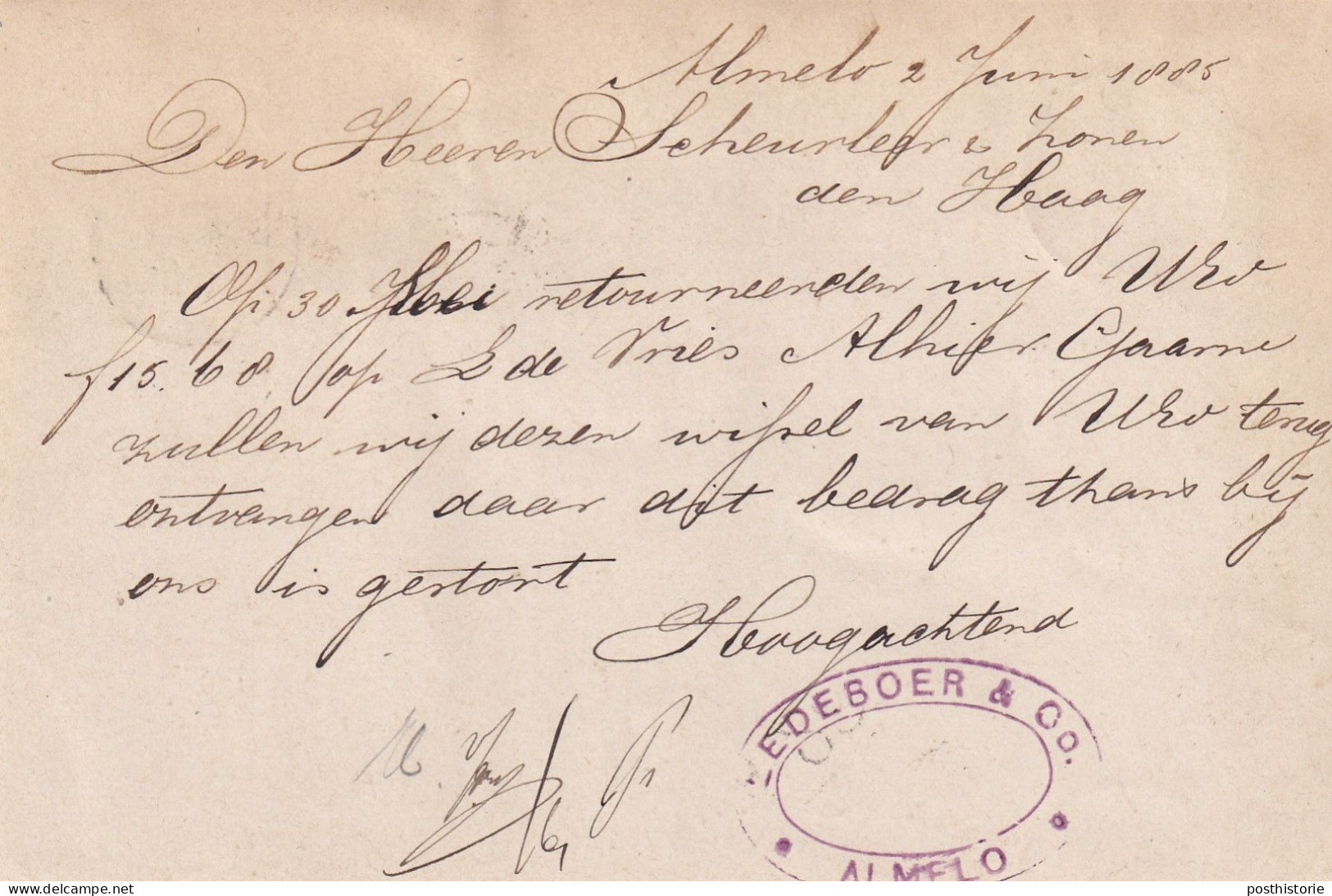 Briefkaart Met Firma Stempel 2 Jun 1885 Almelo (kleinrond) Naar 's Gravenhage (kleinrond) - Poststempels/ Marcofilie