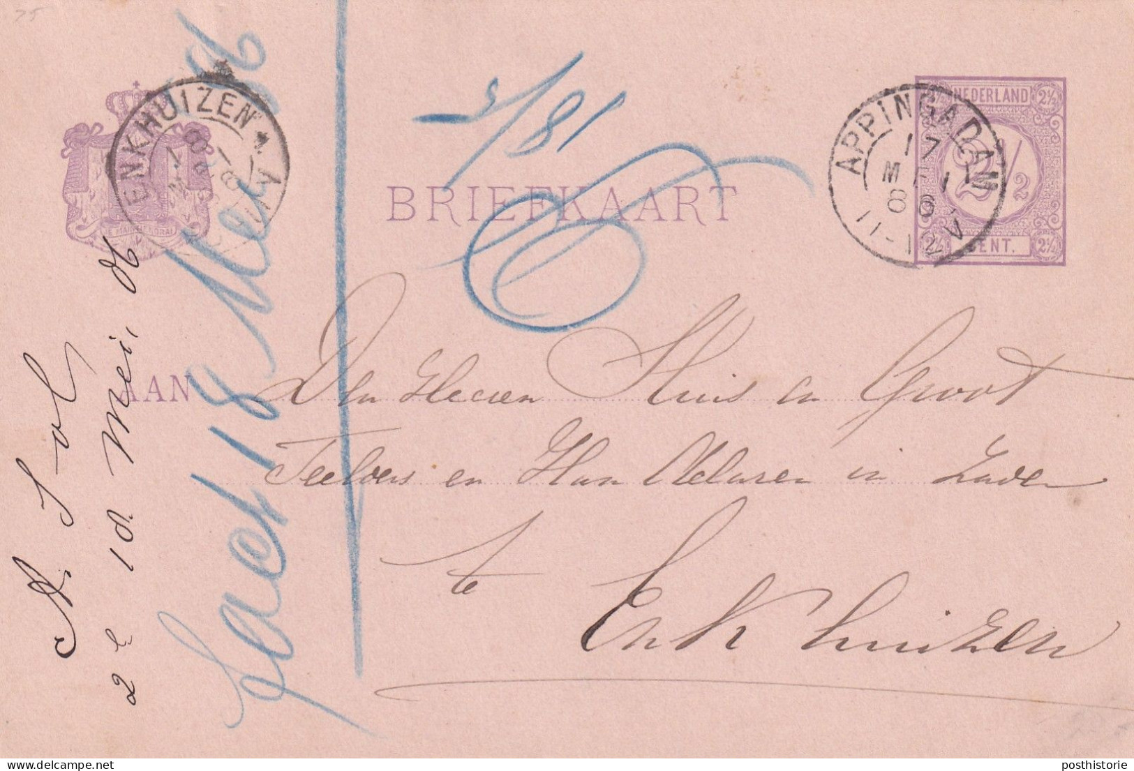 Briefkaart 17 Meu 1886 Appingadam (kleinrond) Naar Enkhuizen (kleinrond) - Poststempel